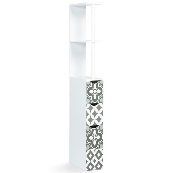 ID MARKET - Meuble WC étagère bois WILLY 3 portes blanc et motif carreaux de ciment gris - large