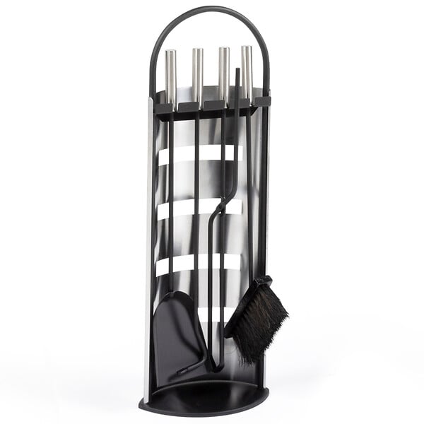 ID MARKET - Ensemble serviteur de cheminée noir inox 5 éléments pelle balai tisonnier pince avec support - large