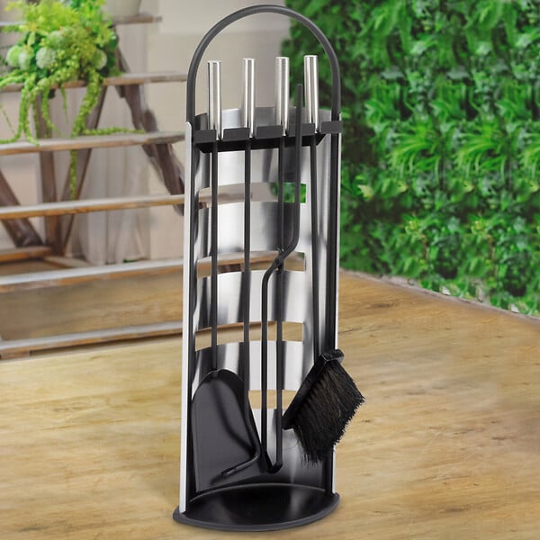 ID MARKET - Ensemble serviteur de cheminée noir inox 5 éléments pelle balai tisonnier pince avec support - large