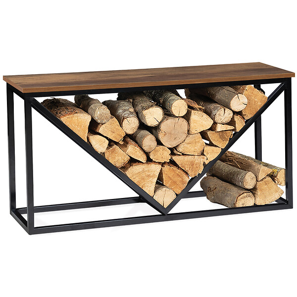 ID MARKET - Range bûches horizontal HAWKINS acier noir plateau bois foncé pour cheminée - large