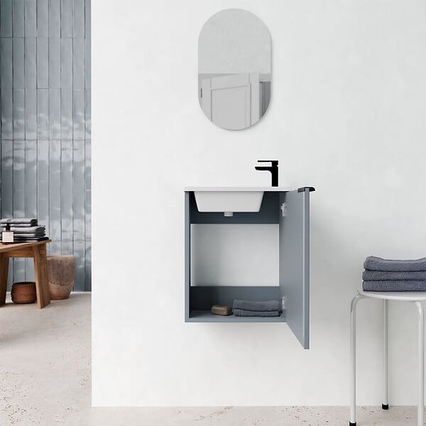 AURLANE - Ensemble meuble lave mains MDF ondulé gris 40x50x22cm et miroir ovale - MILO - large