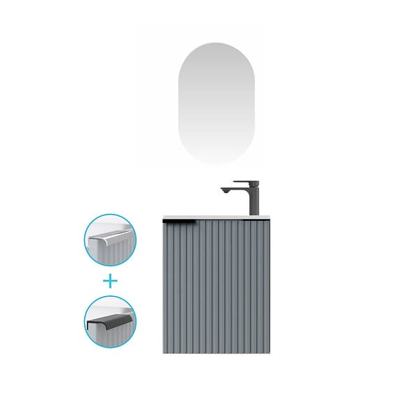 AURLANE - Ensemble meuble lave mains MDF ondulé gris 40x50x22cm et miroir ovale - MILO - large