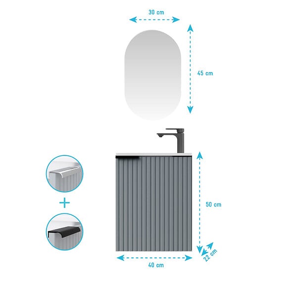 AURLANE - Ensemble meuble lave mains MDF ondulé gris 40x50x22cm et miroir ovale - MILO - large