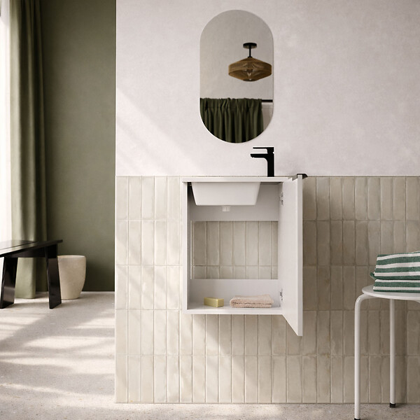 AURLANE - Ensemble meuble lave mains MDF ondulé blanc 40x50x22cm et miroir ovale - MILO - large
