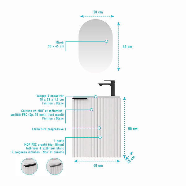 AURLANE - Ensemble meuble lave mains MDF ondulé blanc 40x50x22cm et miroir ovale - MILO - large