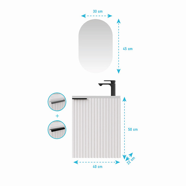 AURLANE - Ensemble meuble lave mains MDF ondulé blanc 40x50x22cm et miroir ovale - MILO - large