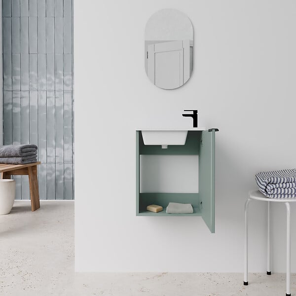 AURLANE - Ensemble meuble lave mains MDF ondulé vert 40x50x22cm et miroir ovale - MILO - large