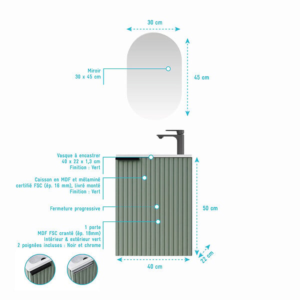 AURLANE - Ensemble meuble lave mains MDF ondulé vert 40x50x22cm et miroir ovale - MILO - large