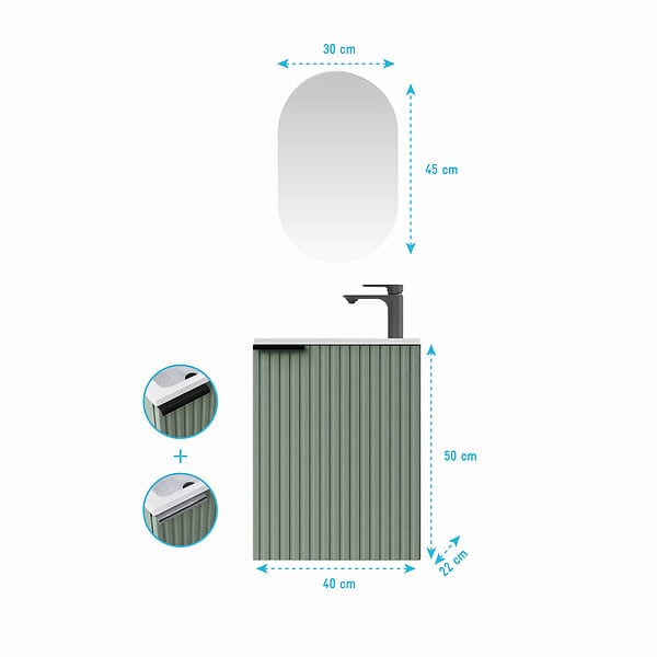 AURLANE - Ensemble meuble lave mains MDF ondulé vert 40x50x22cm et miroir ovale - MILO - large