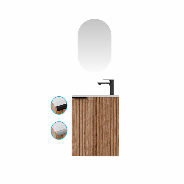 AURLANE - Ensemble meuble lave mains MDF ondulé bois 40x50x22cm et miroir ovale - MILO - large