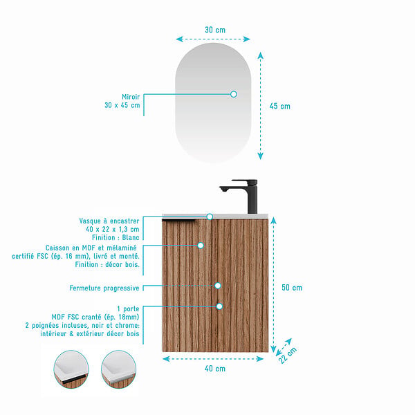 AURLANE - Ensemble meuble lave mains MDF ondulé bois 40x50x22cm et miroir ovale - MILO - large
