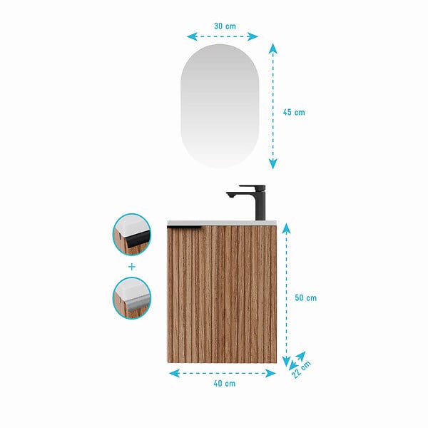 AURLANE - Ensemble meuble lave mains MDF ondulé bois 40x50x22cm et miroir ovale - MILO - large