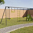 ID MARKET - Balançoire 4 agrès portique avec balançoire face à face trapèze échelle panier de basket et buts de foot - vignette
