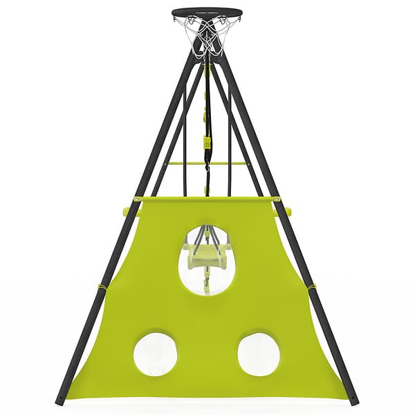 ID MARKET - Balançoire 4 agrès portique avec balançoire face à face trapèze échelle panier de basket et buts de foot - large
