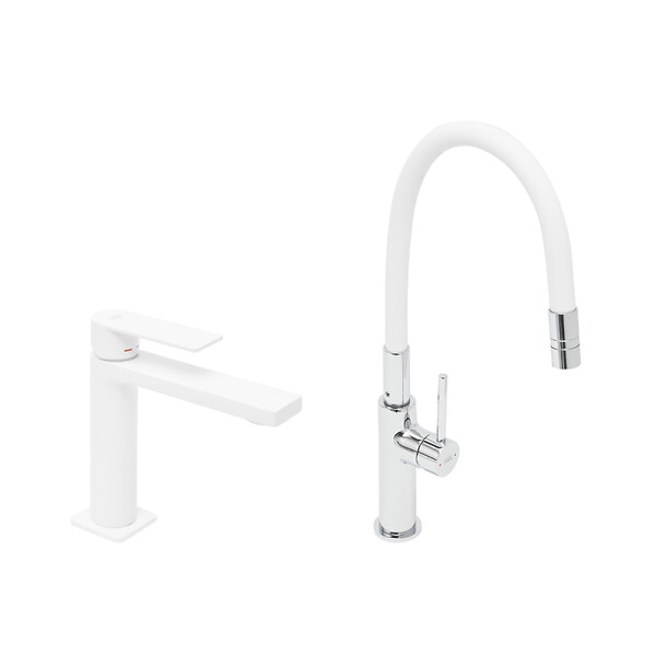 SWISS AQUA TECHNOLOGIES - set mitigeur lavabo à levier sans vidage + mitigeur cuisine bec flexible, aérateur Neoperl®, blanc (SATBSD271B) - large