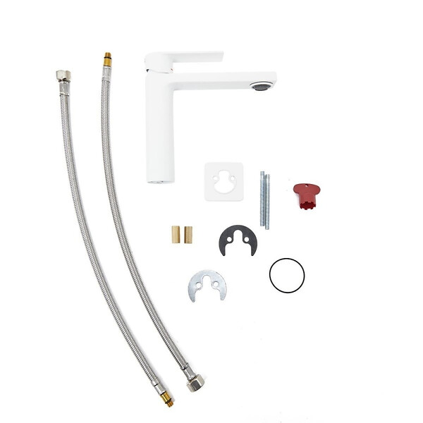 SWISS AQUA TECHNOLOGIES - set mitigeur lavabo à levier sans vidage + mitigeur cuisine bec flexible, aérateur Neoperl®, blanc (SATBSD271B) - large