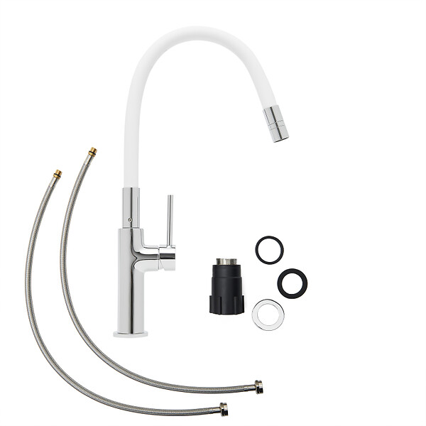 SWISS AQUA TECHNOLOGIES - set mitigeur lavabo à levier sans vidage + mitigeur cuisine bec flexible, aérateur Neoperl®, blanc (SATBSD271B) - large