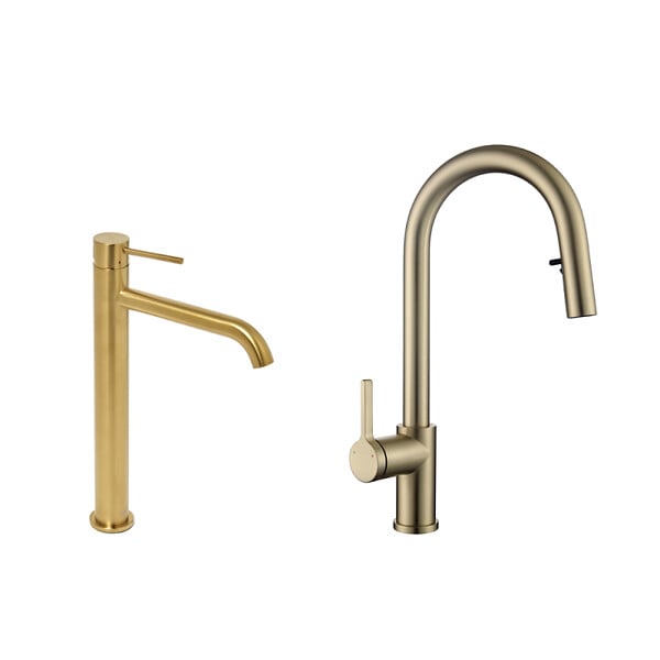 SWISS AQUA TECHNOLOGIES - Aurum set mitigeur lavabo haut inox + mitigeur cuisine Ceramia Timeless acier inoxydable, douchette extractible (SATBA285BG) - large