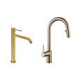 SWISS AQUA TECHNOLOGIES - Aurum set mitigeur lavabo haut inox + mitigeur cuisine Ceramia Timeless acier inoxydable, douchette extractible (SATBA285BG) - vignette