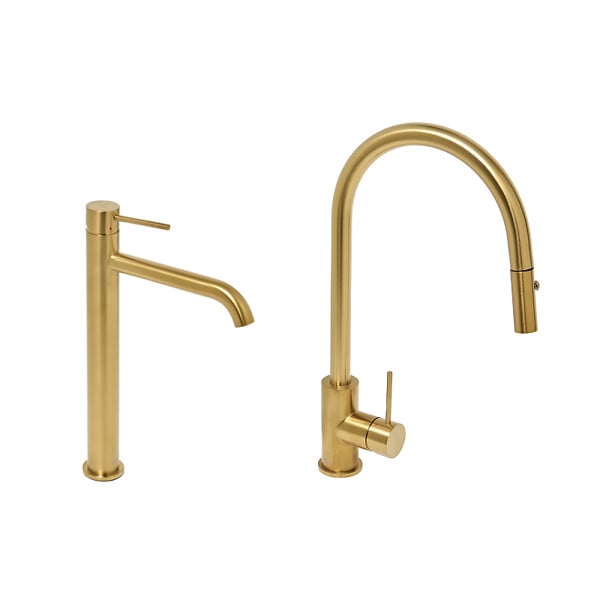 SWISS AQUA TECHNOLOGIES - Swiss Aqua Technologies Aurum set mitigeur lavabo haut en acier inoxydable + mitigeur cuisine avec douchette extractible, or brossé (SATBA286BG) - large