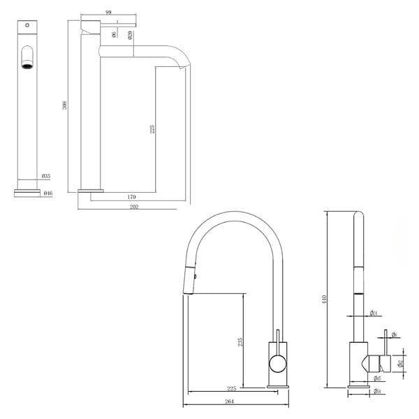 SWISS AQUA TECHNOLOGIES - Swiss Aqua Technologies Aurum set mitigeur lavabo haut en acier inoxydable + mitigeur cuisine avec douchette extractible, or brossé (SATBA286BG) - large
