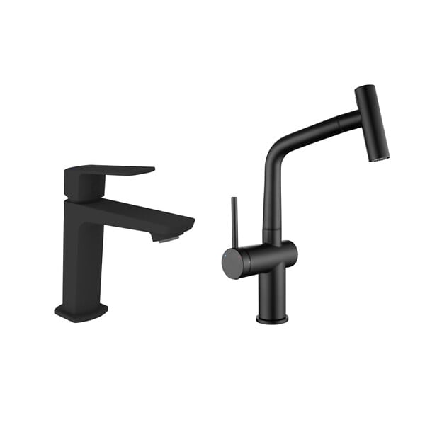 SWISS AQUA TECHNOLOGIES - Feel set mitigeur lavabo + mitigeur cuisine Ceramia Timeless acier inoxydable, douchette extractible, noir mat (SATBM185C) - large