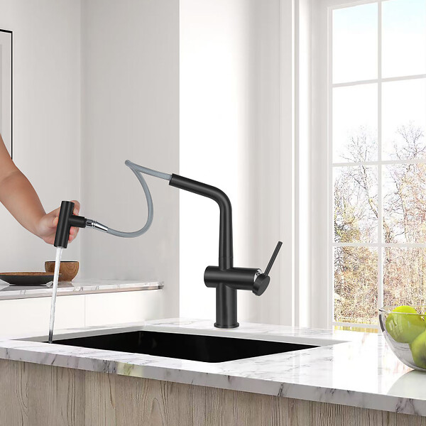 SWISS AQUA TECHNOLOGIES - Feel set mitigeur lavabo + mitigeur cuisine Ceramia Timeless acier inoxydable, douchette extractible, noir mat (SATBM185C) - large