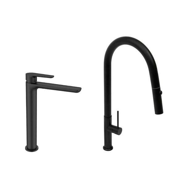 SWISS AQUA TECHNOLOGIES - Swiss Aqua Technologies set mitigeur lavabo XL + mitigeur monocommande de cuisine avec douchette extractible 2 jets, noir mat (SATBSM288C) - large