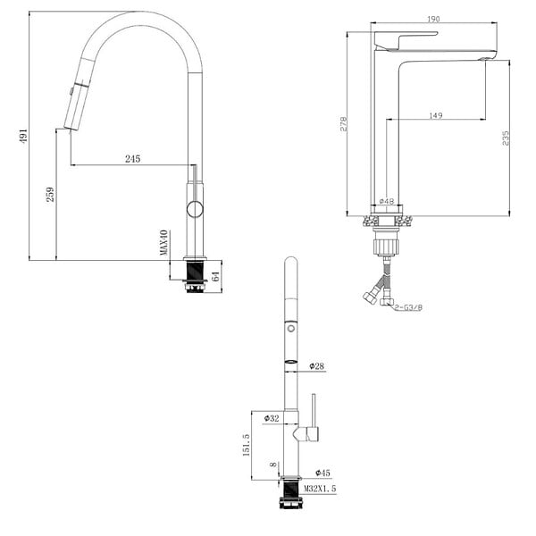 SWISS AQUA TECHNOLOGIES - Swiss Aqua Technologies set mitigeur lavabo XL + mitigeur monocommande de cuisine avec douchette extractible 2 jets, noir mat (SATBSM288C) - large
