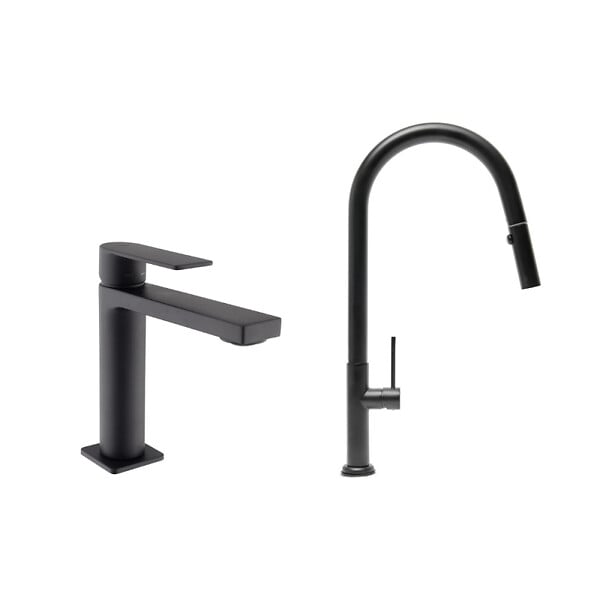 SWISS AQUA TECHNOLOGIES - Swiss Aqua Technologies Set mitigeur lavabo + mitigeur monocommande cuisine avec douchette extractible 2 jets, noir mat (SATBSBW288C) - large