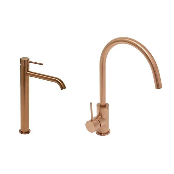 SWISS AQUA TECHNOLOGIES - Aurum set mitigeur lavabo haut acier inoxydable + mitigeur cuisine avec bras pivotant, or rose (SATBR2805BRG) - large