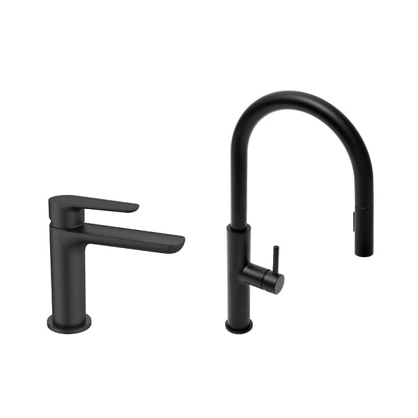 SWISS AQUA TECHNOLOGIES - Swiss Aqua Technologies set mitigeur lavabo à levier sans tirette + mitigeur cuisine avec douchette extractible 2 jets, noir mat (SATBSD2OD271C) - large