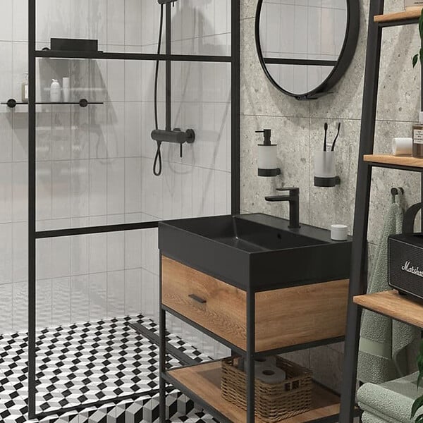 SWISS AQUA TECHNOLOGIES - Swiss Aqua Technologies set mitigeur lavabo à levier sans tirette + mitigeur cuisine avec douchette extractible 2 jets, noir mat (SATBSD2OD271C) - large