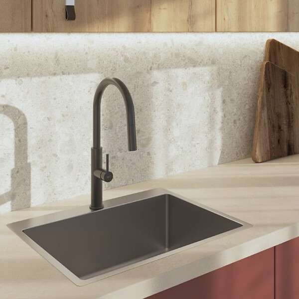 SWISS AQUA TECHNOLOGIES - Swiss Aqua Technologies set mitigeur lavabo à levier sans tirette + mitigeur cuisine avec douchette extractible 2 jets, noir mat (SATBSD2OD271C) - large