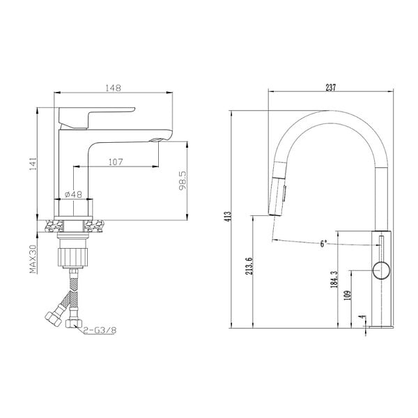 SWISS AQUA TECHNOLOGIES - Swiss Aqua Technologies set mitigeur lavabo à levier sans tirette + mitigeur cuisine avec douchette extractible 2 jets, noir mat (SATBSD2OD271C) - large