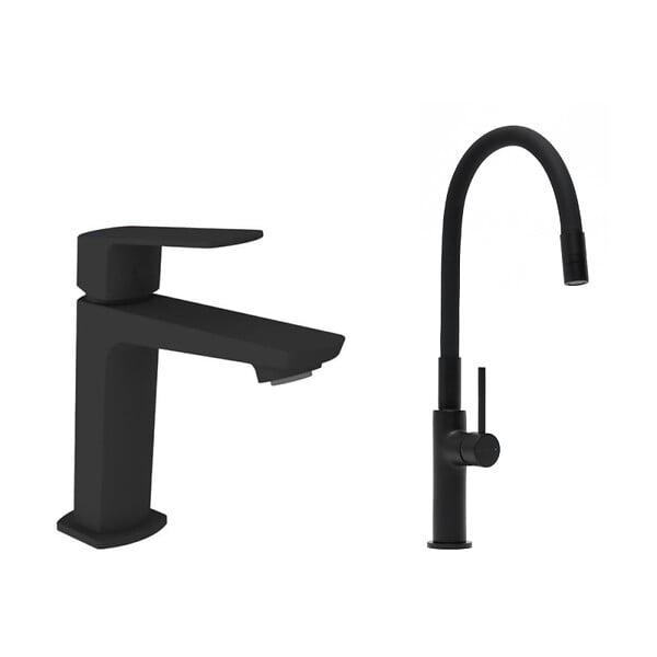 SWISS AQUA TECHNOLOGIES - set mitigeur lavabo sans tirette + mitigeur de cuisine avec aérateur Neoperl®, noir mat (SATBS271C) - large