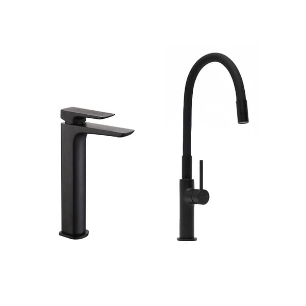 SWISS AQUA TECHNOLOGIES - Swiss Aqua Technologies set mitigeur lavabo haut + mitigeur cuisine, bec flexible, aérateur Neoperl®, noir mat (SATBS285C) - large