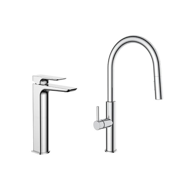 SWISS AQUA TECHNOLOGIES - set mitigeur lavabo haut, sans vidage + mitigeur cuisine avec douchette extractible 2 jets, chrome (SATBSBD285) - large
