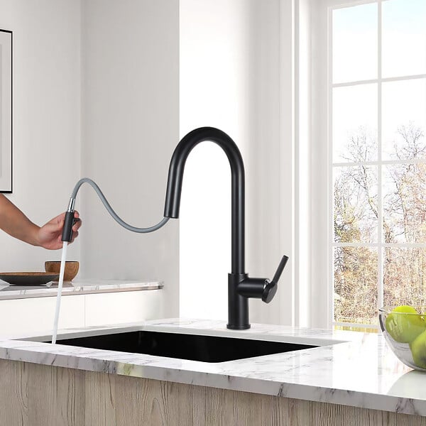 SWISS AQUA TECHNOLOGIES - Feel set mitigeur lavabo + mitigeur cuisine Ceramia Timeless acier inoxydable, douchette extractible, noir mat (SATCSFTML271BMC) - large