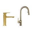 SWISS AQUA TECHNOLOGIES - Dark set mitigeur lavabo + mitigeur cuisine Ceramia Timeless acier inoxydable, douchette extractible 2 jets, or (SATB285BG) - vignette