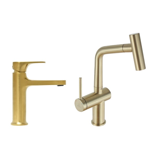 SWISS AQUA TECHNOLOGIES - Dark set mitigeur lavabo + mitigeur cuisine Ceramia Timeless acier inoxydable, douchette extractible, or (SATB185BG) - large