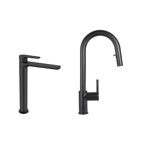 SWISS AQUA TECHNOLOGIES - Mood set mitigeur lavabo XL + mitigeur de cuisine Ceramia Timeless acier inoxydable, douchette extractible, noir mat (SATBM285C) - large