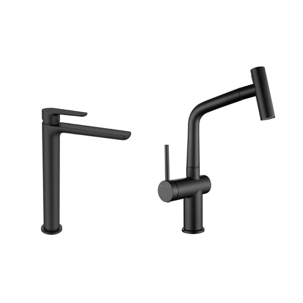 SWISS AQUA TECHNOLOGIES - Swiss Aqua Technologies Mood set mitigeur lavabo XL + mitigeur cuisine Ceramia Timeless acier inoxydable, douchette extractible, noir mat (SATBSMTKLBMC) - large