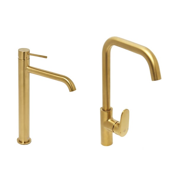 SWISS AQUA TECHNOLOGIES - set mitigeur lavabo haut acier inoxydable + mitigeur cuisine avec bras pivotant, or brossé (SATBA280BG) - large