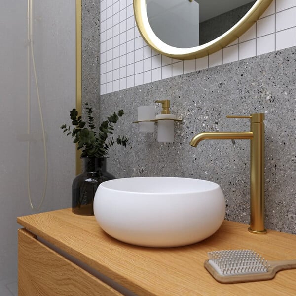 SWISS AQUA TECHNOLOGIES - set mitigeur lavabo haut acier inoxydable + mitigeur cuisine avec bras pivotant, or brossé (SATBA280BG) - large