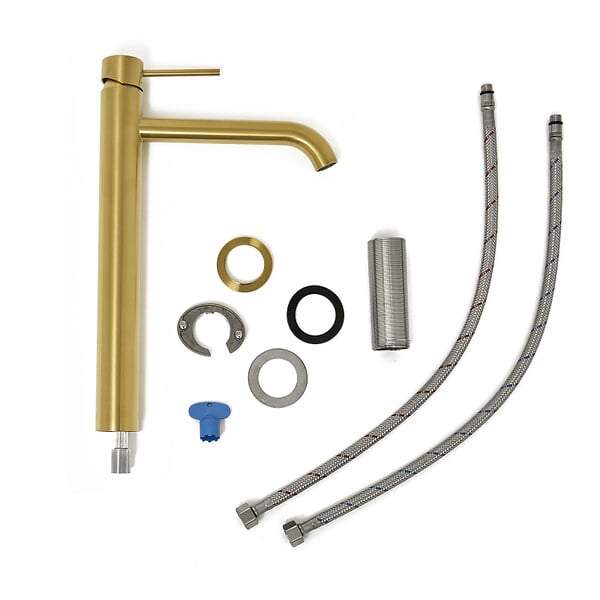 SWISS AQUA TECHNOLOGIES - set mitigeur lavabo haut acier inoxydable + mitigeur cuisine avec bras pivotant, or brossé (SATBA280BG) - large