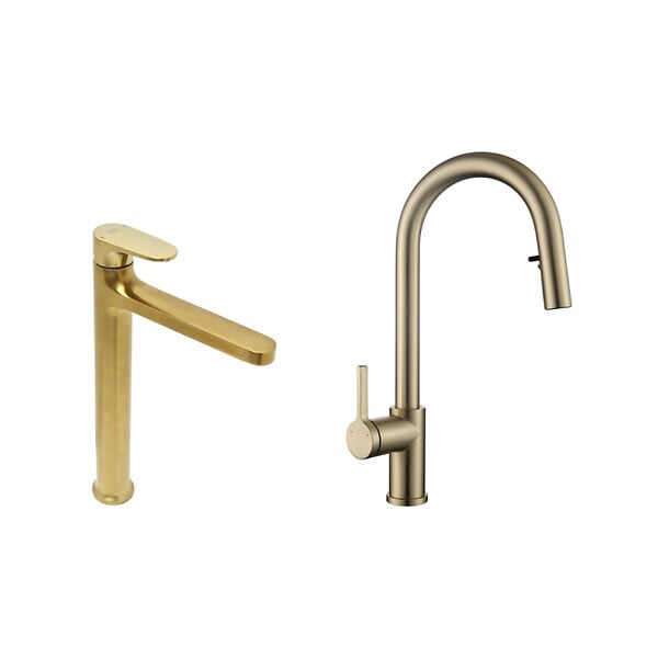 SWISS AQUA TECHNOLOGIES - Dark set mitigeur lavabo XL + mitigeur cuisine Ceramia TImeless acier inoxydable, douchette extractible, or (SATTMLDA285BG) - large