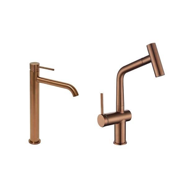 SWISS AQUA TECHNOLOGIES - Aurum set mitigeur lavabo + mitigeur cuisine Ceramia Timeless acier inoxydable, douchette extractible, or rose (SATBA285BCRG) - large
