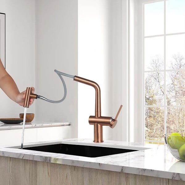 SWISS AQUA TECHNOLOGIES - Aurum set mitigeur lavabo + mitigeur cuisine Ceramia Timeless acier inoxydable, douchette extractible, or rose (SATBA285BCRG) - large