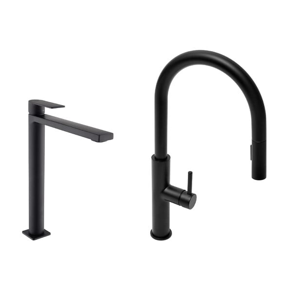 SWISS AQUA TECHNOLOGIES - Swiss Aqua Technologies set mitigeur lavabo XL + mitigeur cuisine avec douchette extractible 2 jets, noir mat (SATBSBW285C) - large